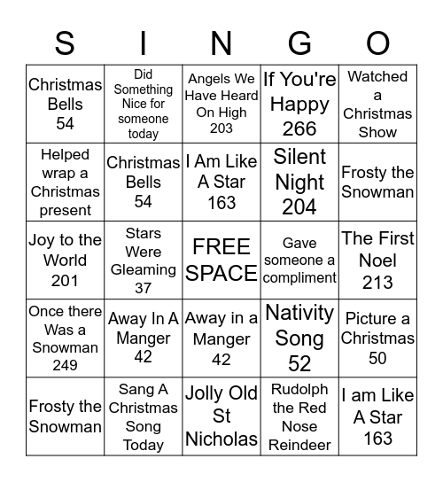Christmas Singo Bingo Card