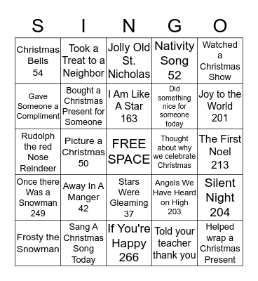 Christmas Singo Bingo Card