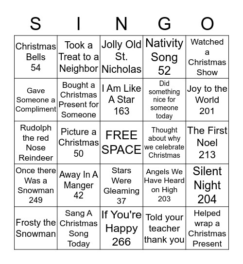 Christmas Singo Bingo Card