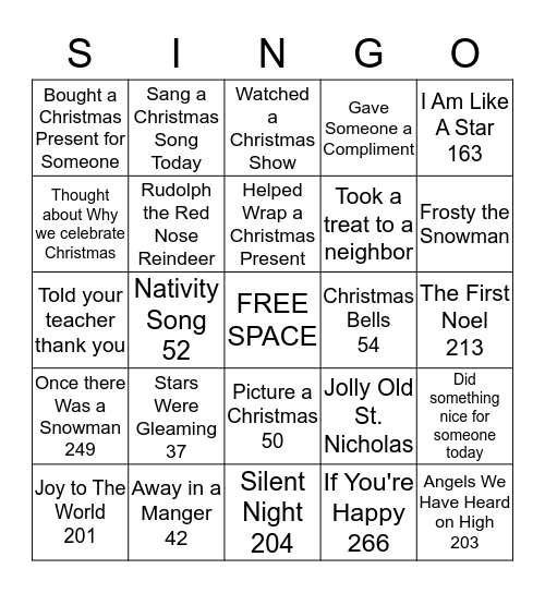 Christmas Singo Bingo Card