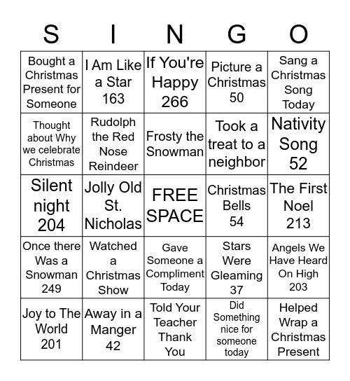 Christmas Singo Bingo Card