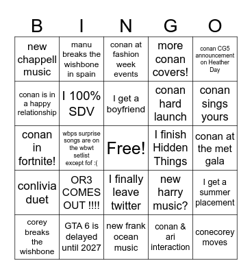 2026 Oni Bingo Card Bingo Card