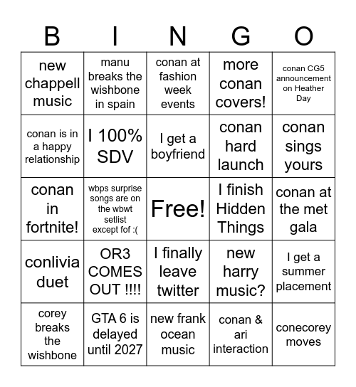 2026 Oni Bingo Card Bingo Card