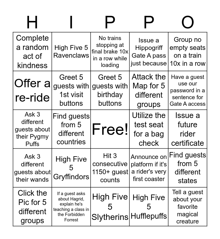 Guest Service Hippo Bingo Card