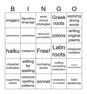 MS ELA 1 Bingo Card