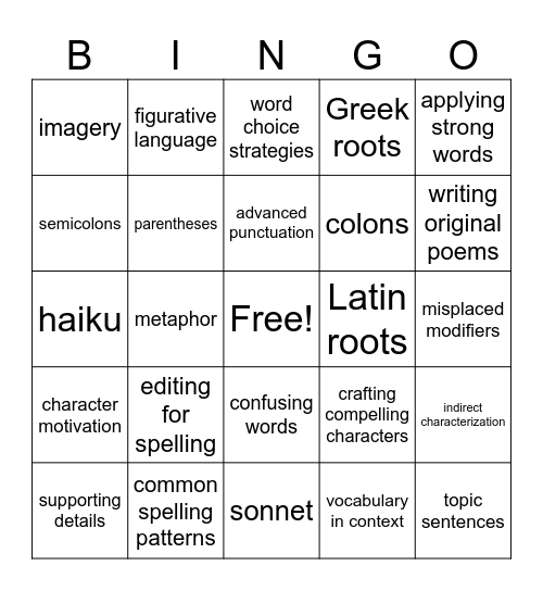 MS ELA 1 Bingo Card