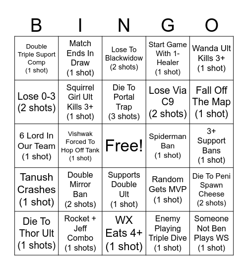 Rivals Drinking Bingo 2.0 Bingo Card