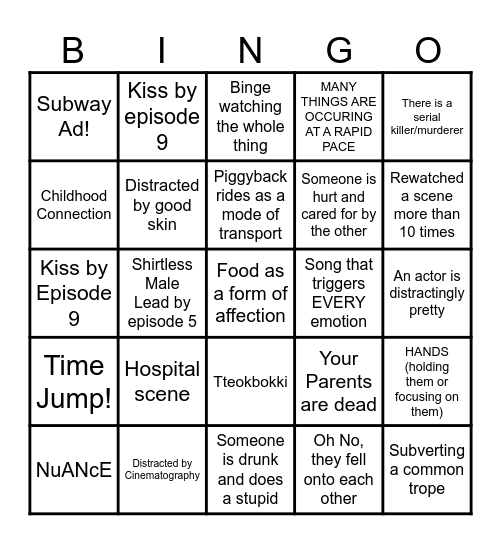Chinx and Julia's KDrama Bingo Card