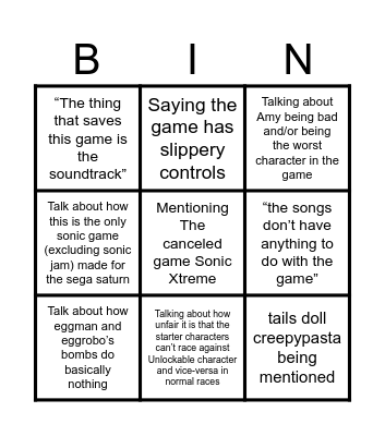 Sonic R review bingo Card