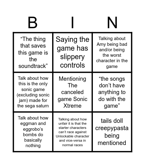 Sonic R review bingo Card