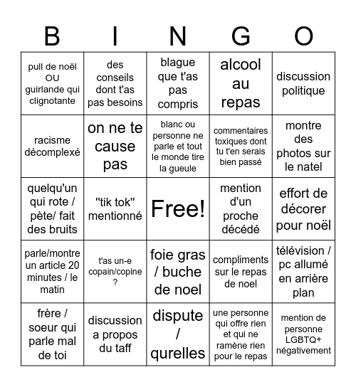 repas de noël Bingo Card