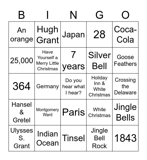 Trivia Christmas Bingo Card