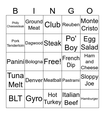 SANDWICH BINGO Card