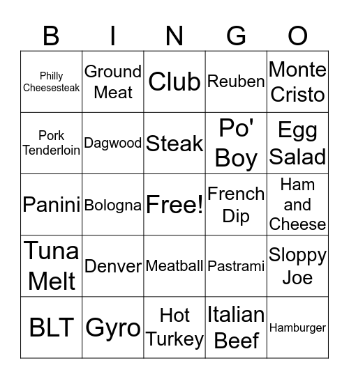 SANDWICH BINGO Card