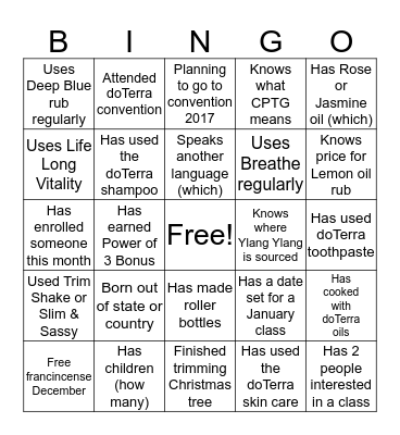 doTerra Bingo Card