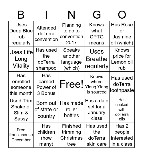 doTerra Bingo Card