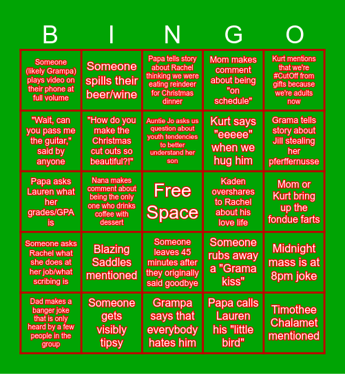 Christmas Eve Party BINGO Card