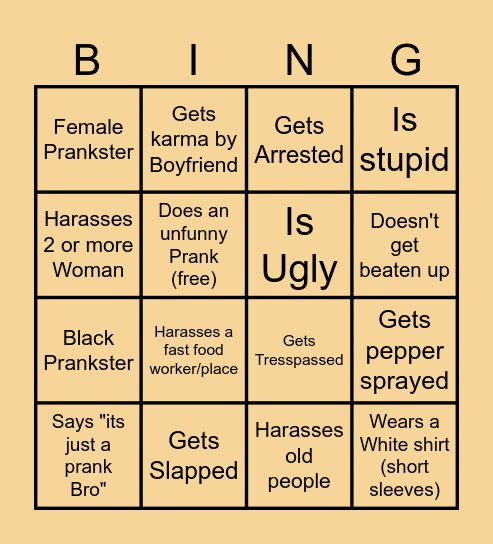 Prankster's get Karma Bingo Card