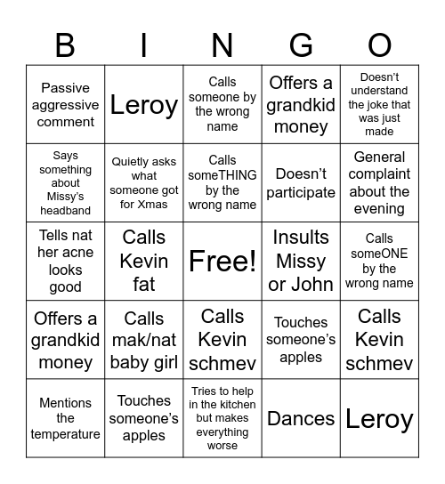 Nonna Bingo Card