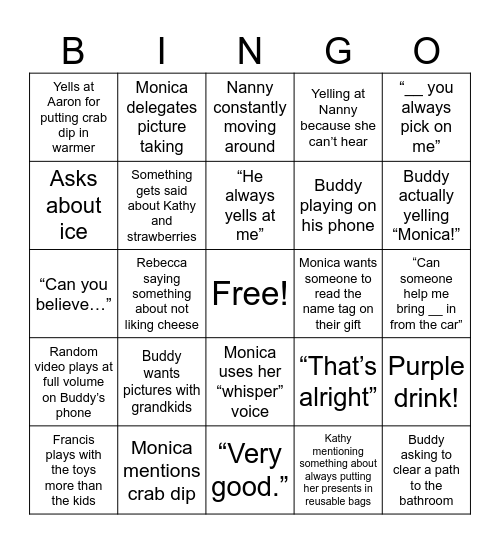Buddy & Monica Christmas Bingo Card