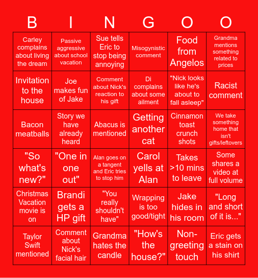 Xmas Eve Bingo Card