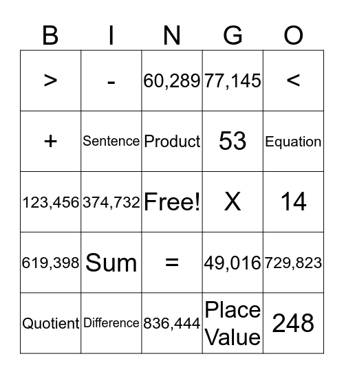 Math BINGO Card