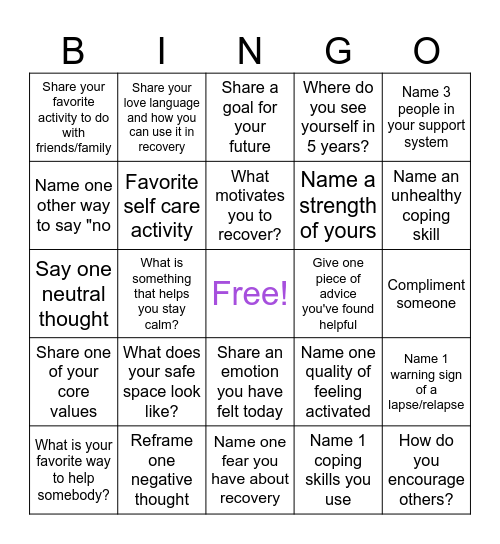 Relapse Prevention Bingo Card