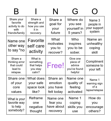 Relapse Prevention Bingo Card