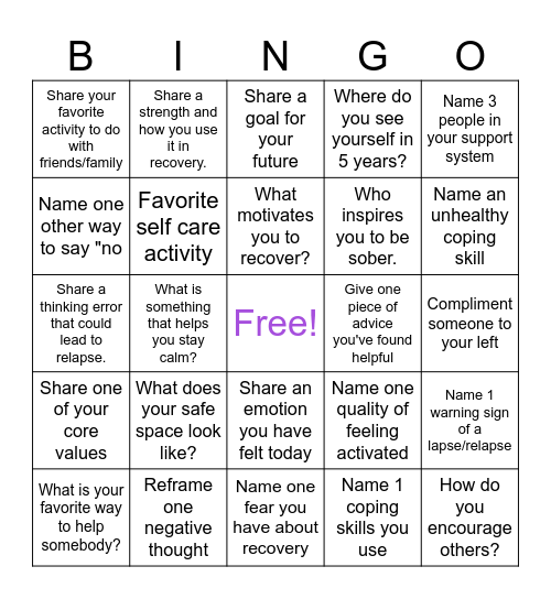 Relapse Prevention Bingo Card