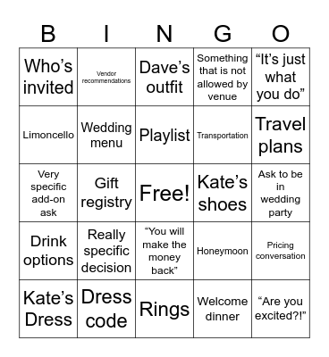 Wedding Bingo Card