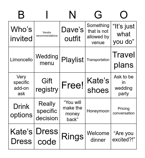 Wedding Bingo Card