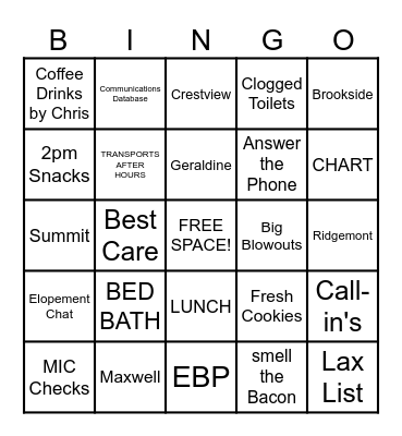 NURSING HOME BINGO Card