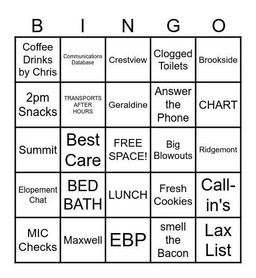 NURSING HOME BINGO Card