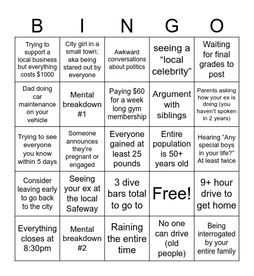 Visiting Your Hometown for the Holidays Bingo Card