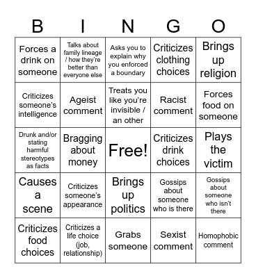 Bad Behavior Bingo Card