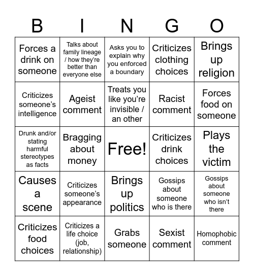 Bad Behavior Bingo Card