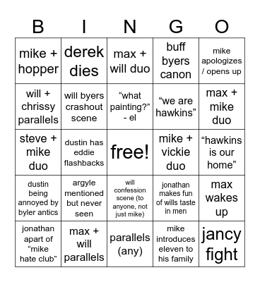 stranger things v2 bingo Card