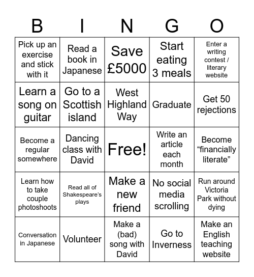2026 Goals Bingo Card