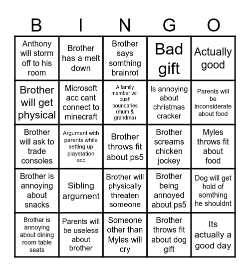 Christmas Day Bingo Card