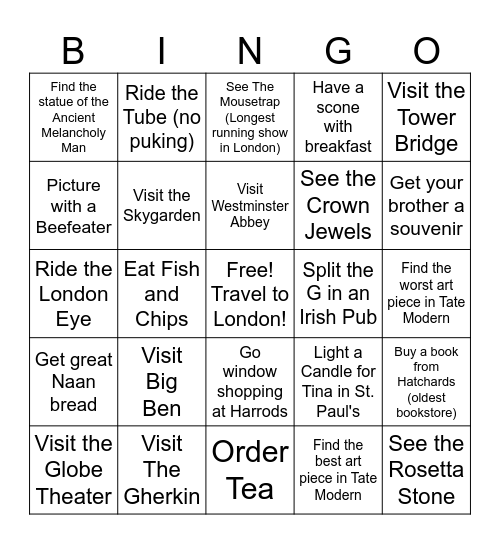 London Bingo Card