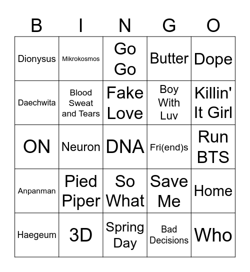 BBB BANGTAN BINGO Card