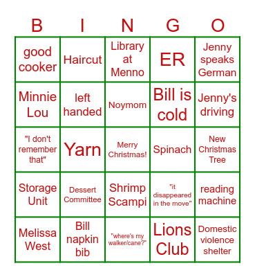 Daniels Family Bingo Card