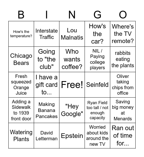 Stevingo Bingo Card