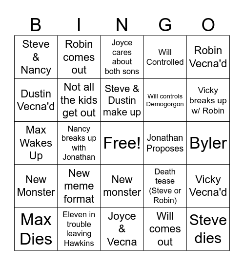 Stranger Thing Vol 2. Bingo Card