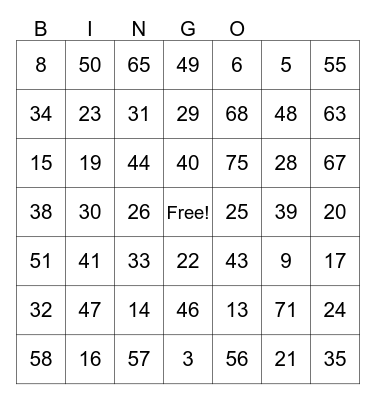 Number Bingo 1-75 Bingo Card