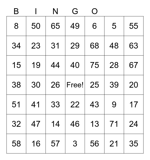Number Bingo 1-75 Bingo Card