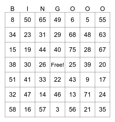 Number Bingo 1-75 Bingo Card