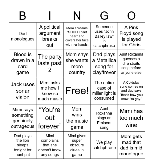 Elsbury Christmas Eve Game Night Bingo Card