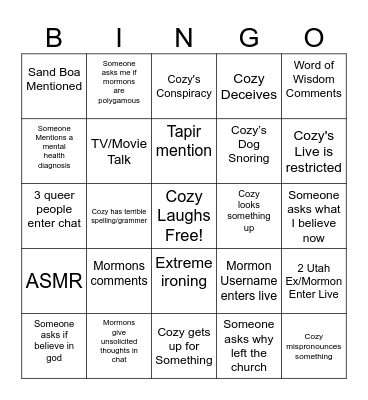 Cozy Bingo Card