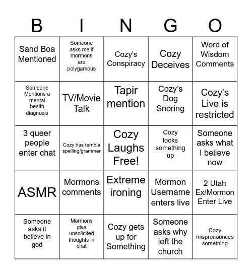 Cozy Bingo Card